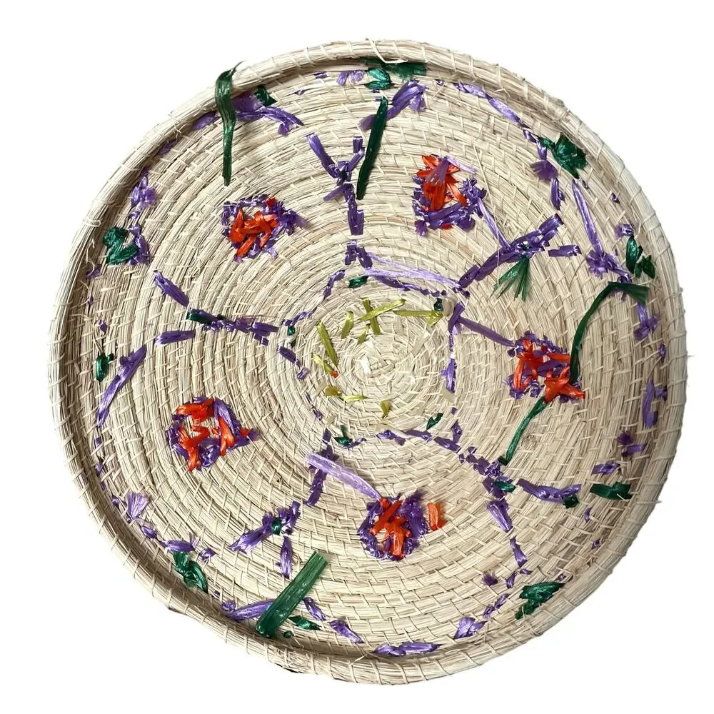Vintage Straw Basket Raffia Flowers Covered Dome Lid Large Sewing Boho Grandma